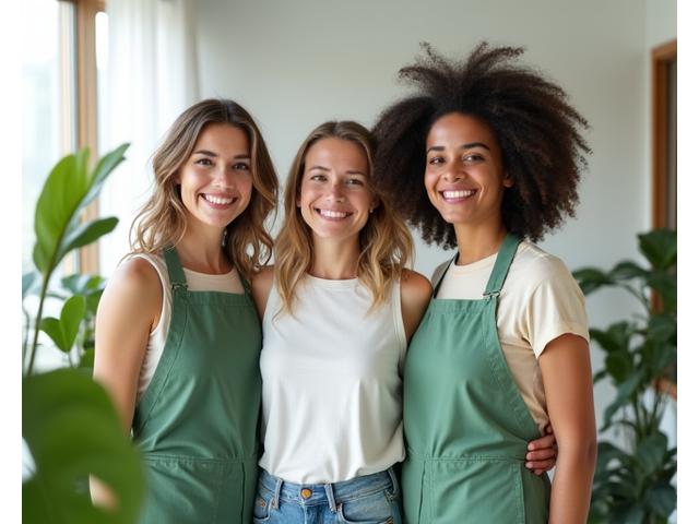 Équipe de Verdant Ménage souriante dans un environnement naturel et lumineux, évoquant la propreté écologique