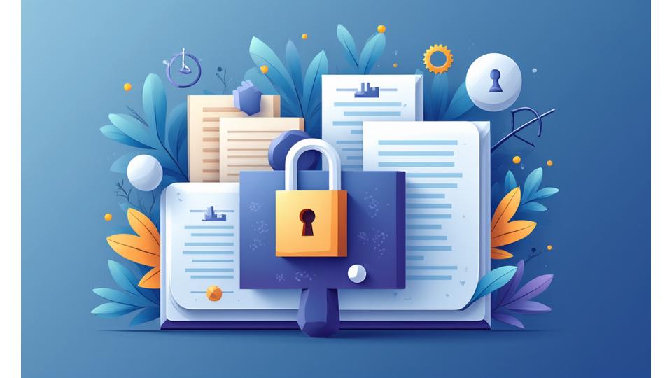 Illustration abstraite de propriété intellectuelle, symbolisant des droits d'auteur avec des icônes de cadenas et de documents protégés.